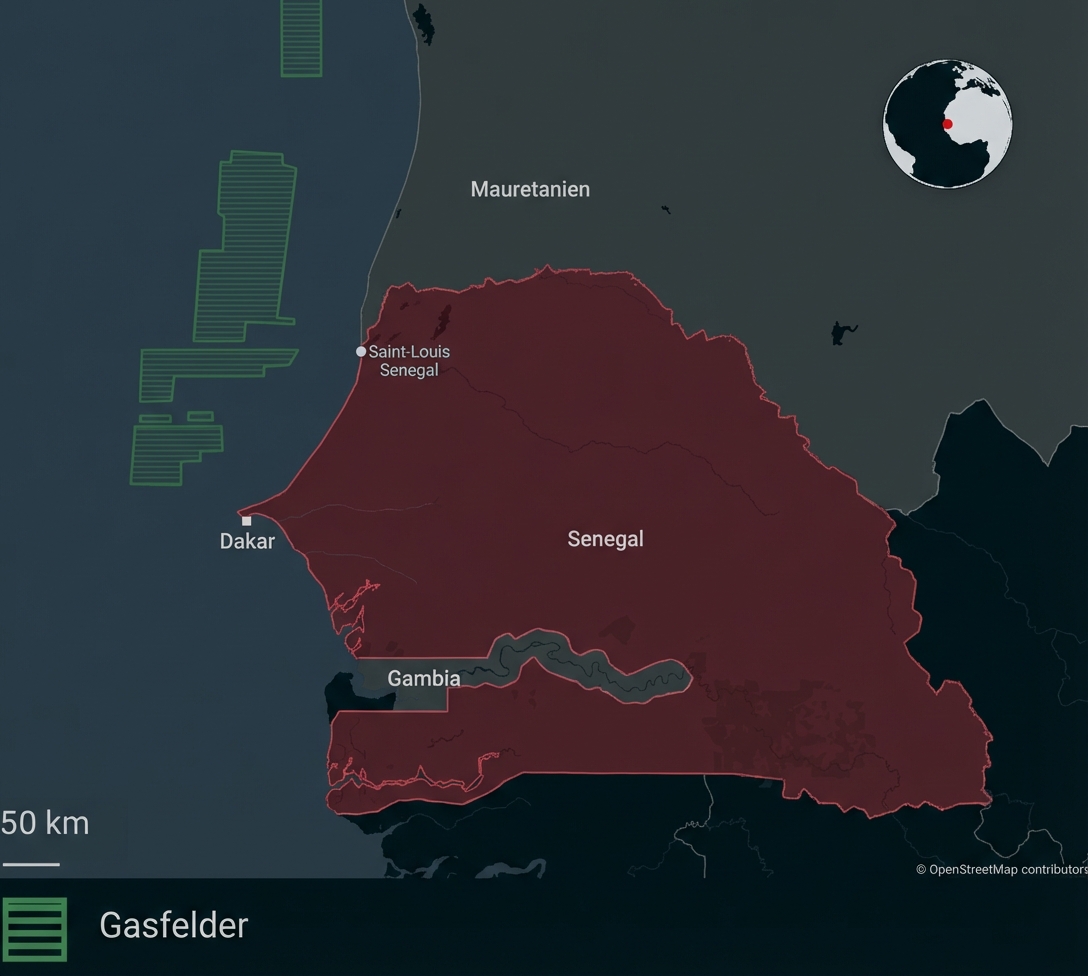 Karte von Senegal mit Küste, Nachbarländern und markierten Gasfeldern